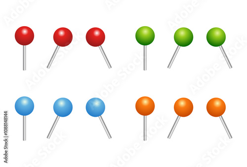 Pin set with shadow isolated on transparent background. Vector 3d red plastic pushpins, sewing needles