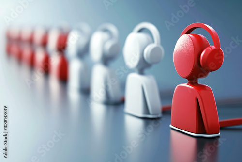 A row of minimalist red and white call center icons shaped like figures with headphones symbolizing communication and teamwork
