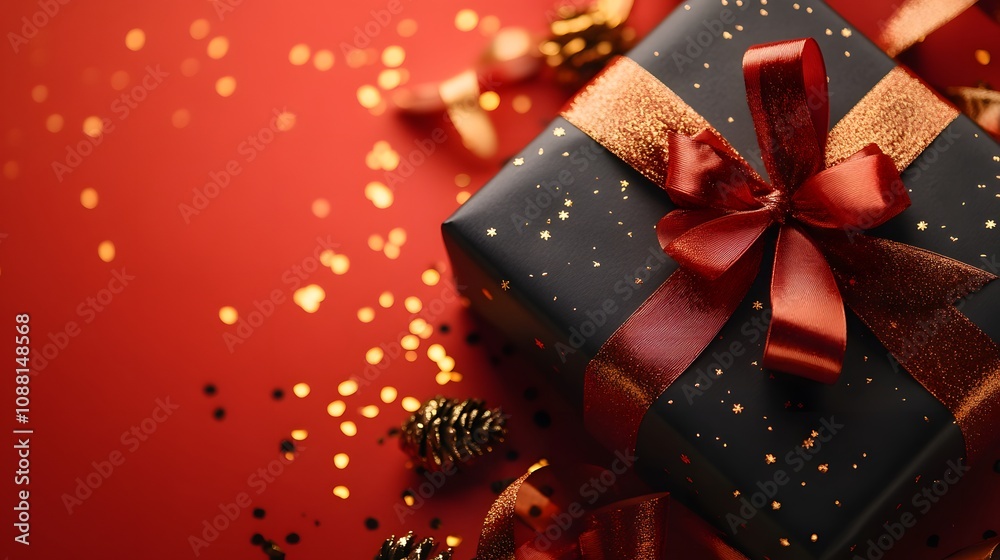 Fototapeta premium Elegant black gift box with a red ribbon on a festive background.