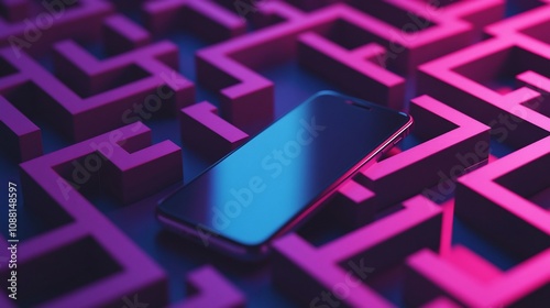 Smartphone in neon-lit maze.