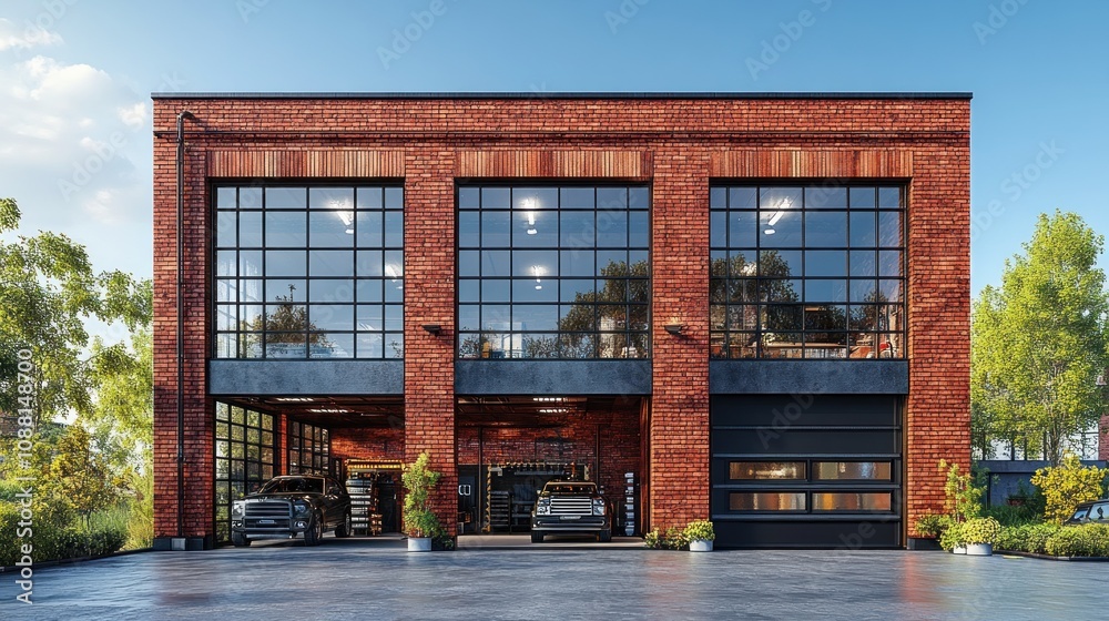 Modern brick garage with large windows and parked vehicles. Modern brick garage with large windows and parked vehicles.