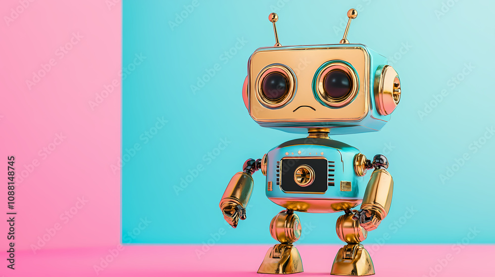 Cute robot toy with gold accents standing on a pink and blue background. Playful Toy Robots. Illustration Cute robot toy with gold accents standing on a pink and blue background. Playful Toy Robots. Illustration