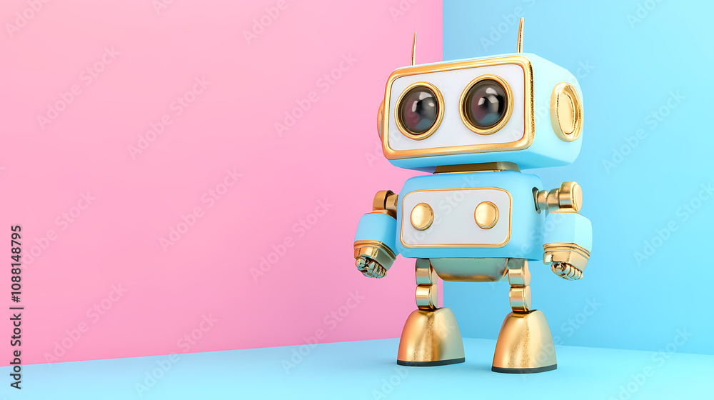 Cute robot toy with gold accents standing on a pink and blue background. Playful Toy Robots. Illustration Cute robot toy with gold accents standing on a pink and blue background. Playful Toy Robots. Illustration
