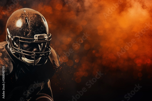 A football player wearing a protective helmet and a dirty uniform stands ready in a dynamic pose.