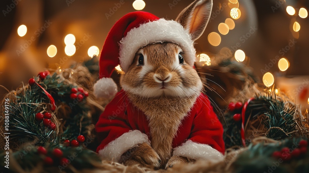 Obraz premium Festive rabbit in santa costume christmas setting photo
