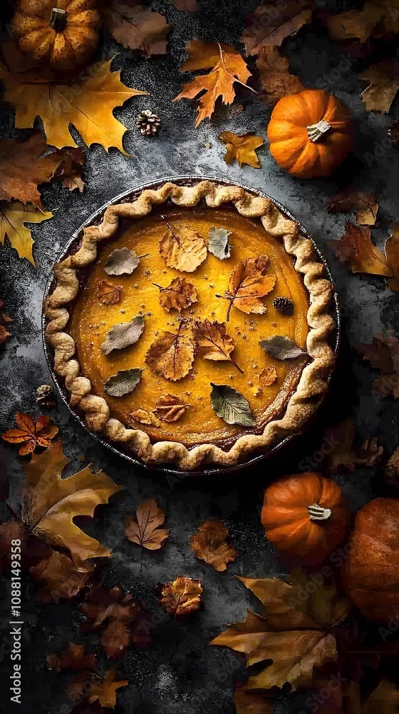 Delicious pumpkin pie surrounded by autumn leaves and mini pumpkins. Delicious pumpkin pie surrounded by autumn leaves and mini pumpkins.