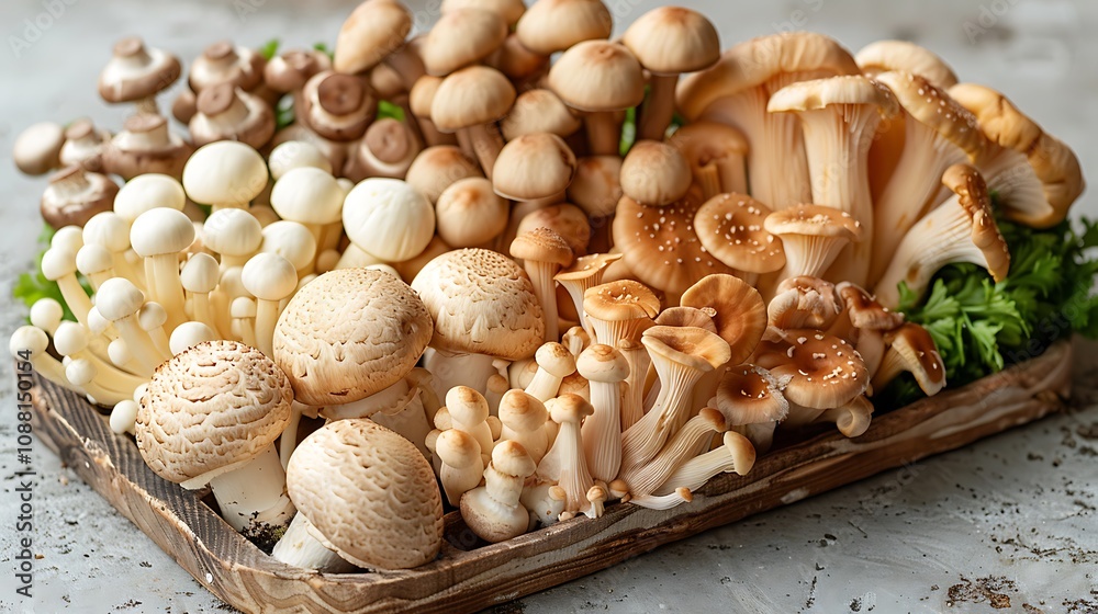 A beautiful photo of an assortment of mushrooms, including shiitake and button mushrooms A beautiful photo of an assortment of mushrooms, including shiitake and button mushrooms