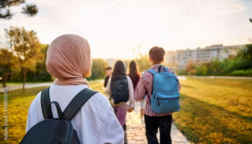 Back View of Hijab Girl with Friends Using a Backpack Going to Park. Back to School Consept.