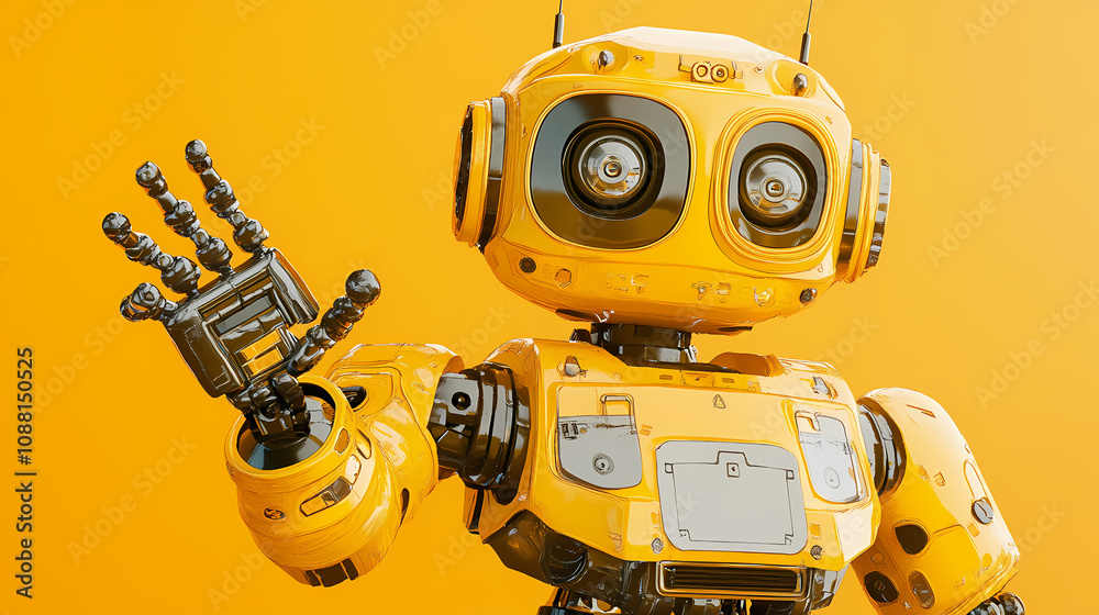 A cheerful yellow robot waving, showcasing a playful design. Playful Toy Robots. Illustration A cheerful yellow robot waving, showcasing a playful design. Playful Toy Robots. Illustration