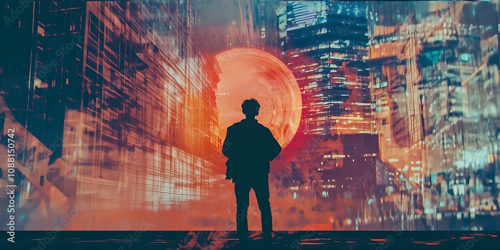Silhouette Man Futuristic Cityscape Red Moon