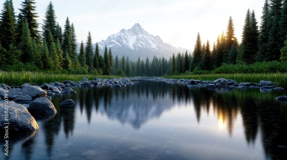 Serene mountain landscape with a reflective river and forests. Serene mountain landscape with a reflective river and forests.