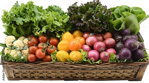 A clear photo of a basket filled with assorted organic vegetables 