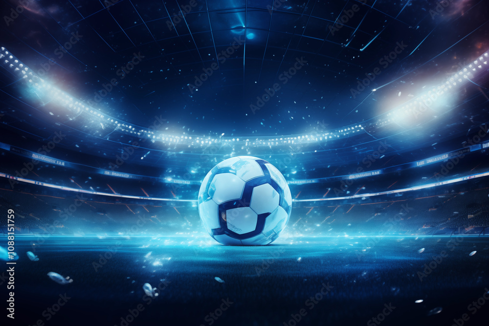 Naklejka premium A glowing soccer ball sits at the center of a vibrant stadium filled with bright lights. Fans cheer in excitement as an important match unfolds during a thrilling night.