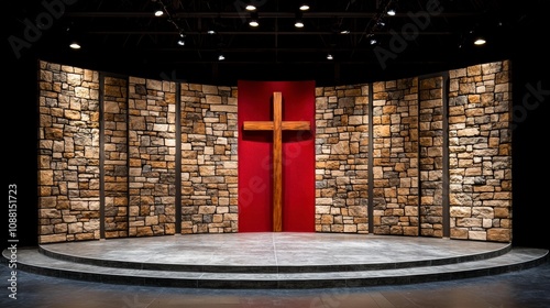 A serene church stage featuring a wooden cross and textured stone walls.