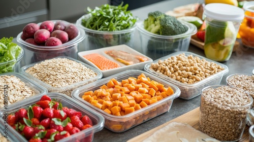 A variety of nutritious foods, including fruits, vegetables, and whole grains, arranged on a table