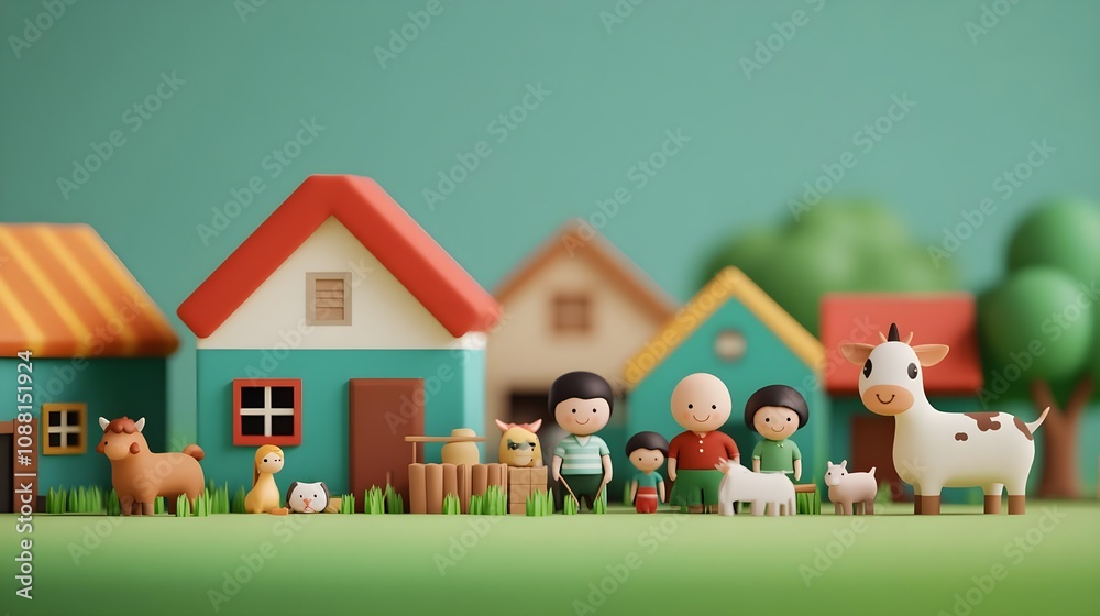 Fototapeta premium Happy Family Farm Life Cartoon Illustration