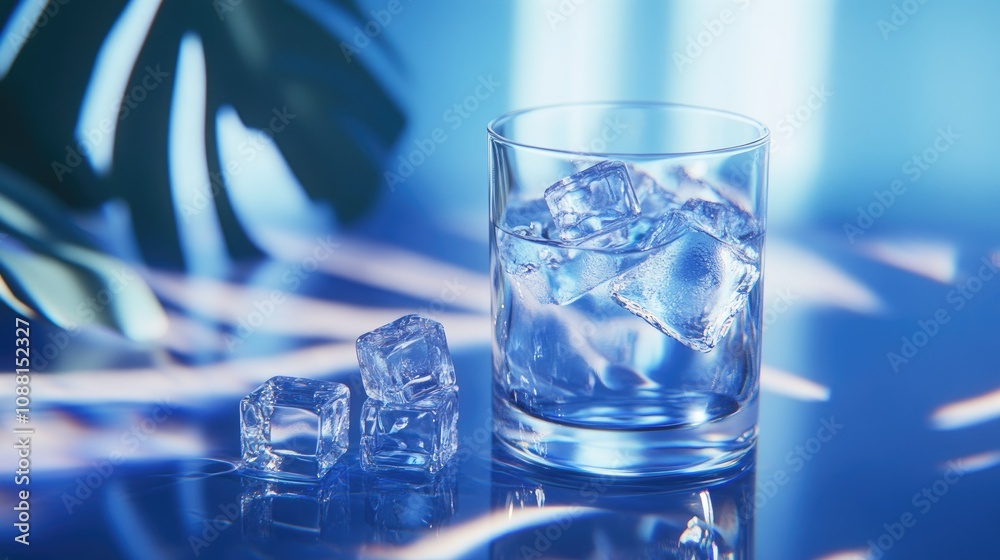 Crystal-clear water in a glass, topped with ice cubes, gently reflecting the blue backdrop for a refreshing look. Crystal-clear water in a glass, topped with ice cubes, gently reflecting the blue backdrop for a refreshing look.