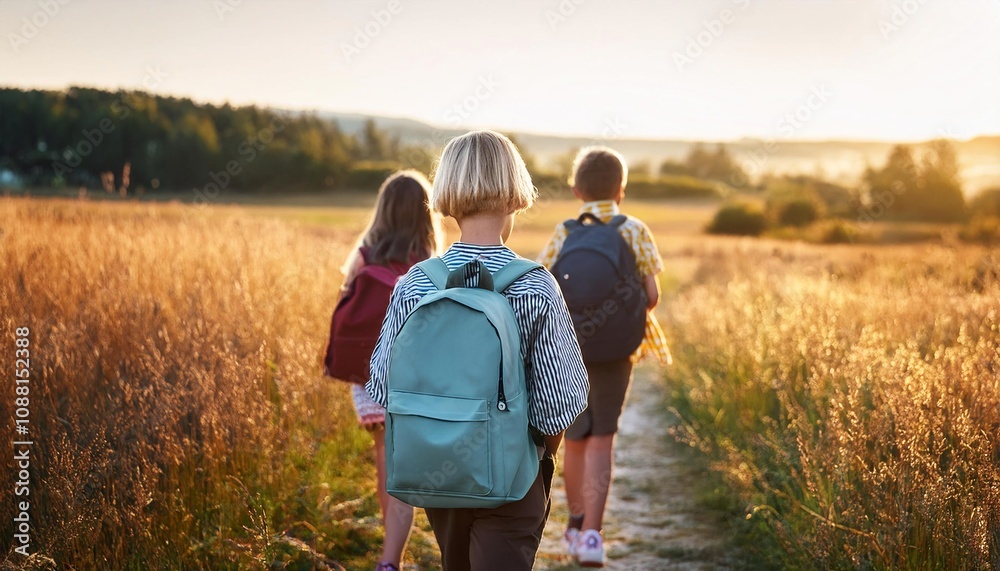 Back View of Short Haired Girl with Friends Using a Backpack Going to Field. Back to School Consept. Back View of Short Haired Girl with Friends Using a Backpack Going to Field. Back to School Consept.