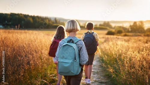 Back View of Short Haired Girl with Friends Using a Backpack Going to Field. Back to School Consept.