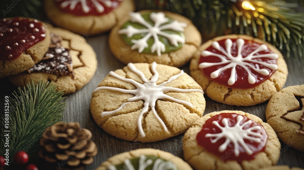 Festive cookies decorated with icing and holiday themes.