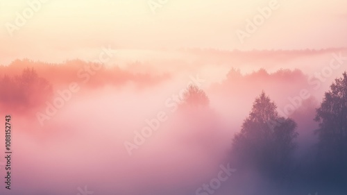 Soft Pastel Colored Fog Blurring the Background in a Serene Landscape with Hazy Trees and Gentle Light Creating a Dreamy Atmosphere