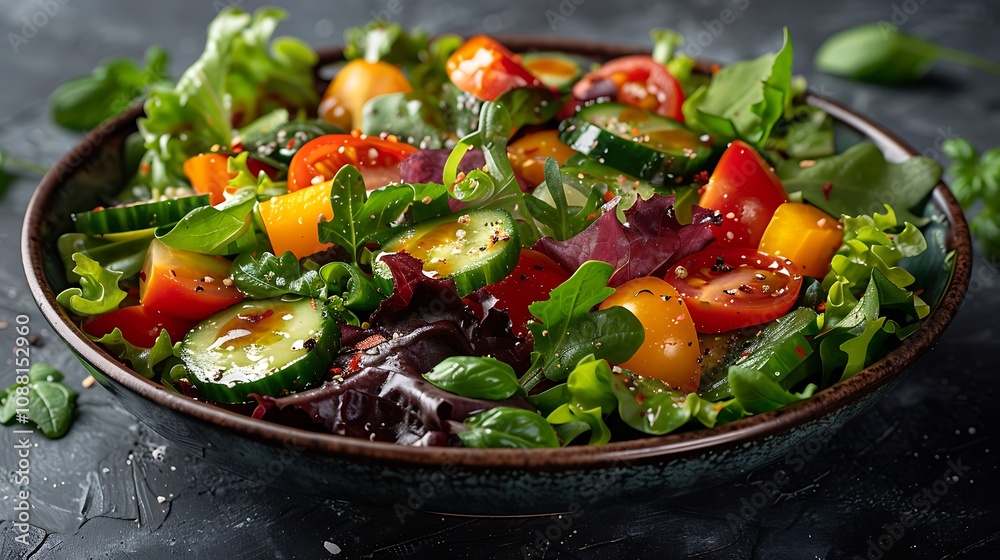 A crisp photo of a fresh vegetable salad with lettuce, tomatoes, cucumbers, and bell peppers A crisp photo of a fresh vegetable salad with lettuce, tomatoes, cucumbers, and bell peppers