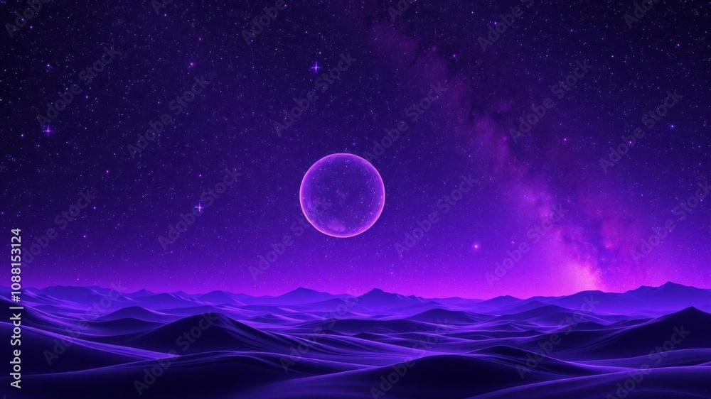 A mesmerizing space landscape featuring a vibrant purple planet, dotted with stars, satellites, and alien planets in the sky, purple, universe A mesmerizing space landscape featuring a vibrant purple planet, dotted with stars, satellites, and alien planets in the sky, purple, universe