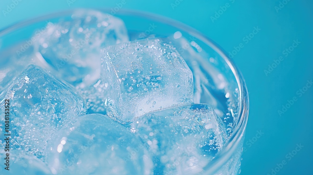 Close-up of ice cubes in a glass of pure water with delicate bubbles on a serene blue background. Close-up of ice cubes in a glass of pure water with delicate bubbles on a serene blue background.