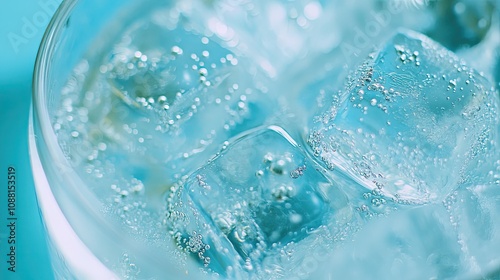 Close-up of ice cubes in a glass of pure water with delicate bubbles on a serene blue background.