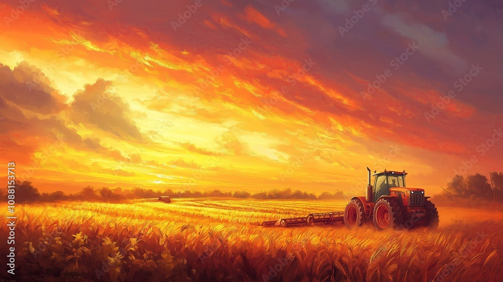 Fototapeta premium Stunning Golden Hour Farmland Scene Featuring a Tractor Plowing a Vibrant Field Under a Beautiful Sky During Sunset