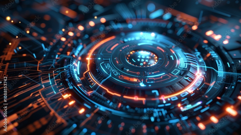 Complex circular motherboard radiating vibrant orange and blue light, symbolizing advanced computing and futuristic technology managing a large data flow Complex circular motherboard radiating vibrant orange and blue light, symbolizing advanced computing and futuristic technology managing a large data flow