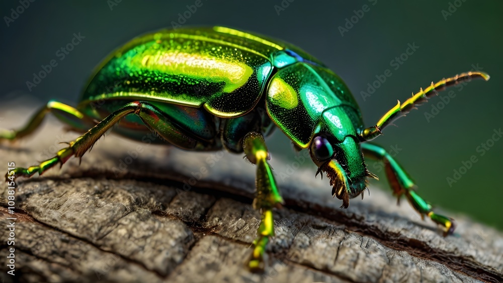 Fototapeta premium a metallic green beetle resting on a dewy leaf, perfect for macro nature themes.