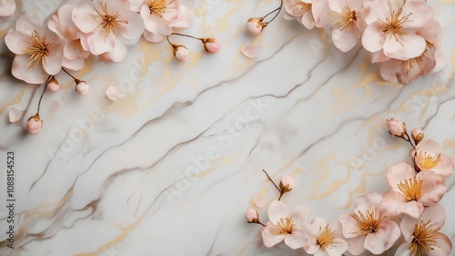 Elegant marble background adorned with delicate pink cherry blossoms and intricate gold leaf flakes, perfect for sophisticated design and artistic projects.