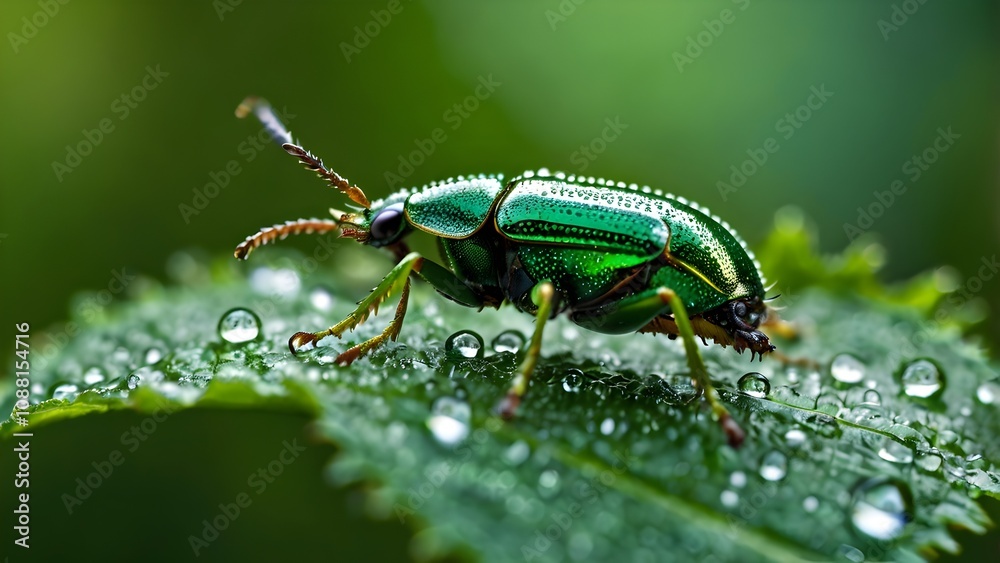 custom made wallpaper toronto digitala metallic green beetle resting on a dewy leaf, perfect for macro nature themes.