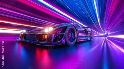 Dynamic Sports Car Racing Through a Neon Lit Tunnel at High Speed Captured in Stunning Detail and Vivid Colors for an Eye-Catching Visual Experience