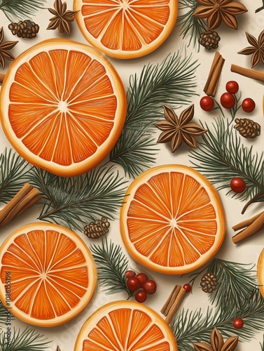 Festive Hand-Painted Pattern Featuring Dried Orange Slices, Cinnamon Sticks, Pine Branches, and Spices for Creative Holiday Designs or Seasonal Decor
