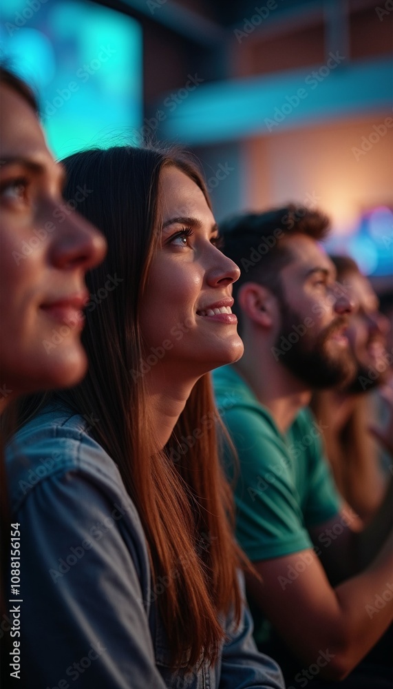 Young audience enjoying a performance with smiles and bright lighting in a lively atmosphere.