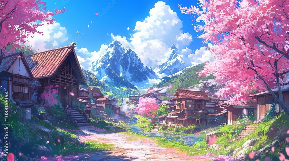 Discover a Scenic Village Embraced by Cherry Blossoms and Majestic Mountains in a Serene Spring Landscape Discover a Scenic Village Embraced by Cherry Blossoms and Majestic Mountains in a Serene Spring Landscape
