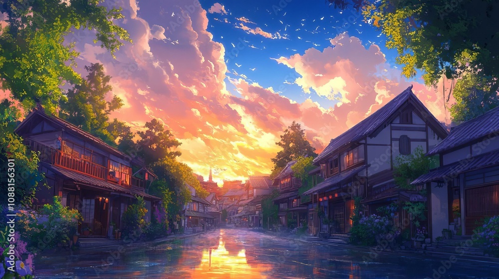 Fototapeta premium Enchanting Sunset Over Serene Traditional Village Reflecting in Water