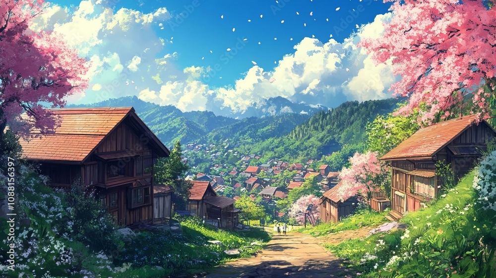 Fototapeta premium Breathtaking Mountain Village Surrounded by Cherry Blossoms and Lush Greenery Under a Stunning Blue Sky