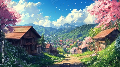 Breathtaking Mountain Village Surrounded by Cherry Blossoms and Lush Greenery Under a Stunning Blue Sky