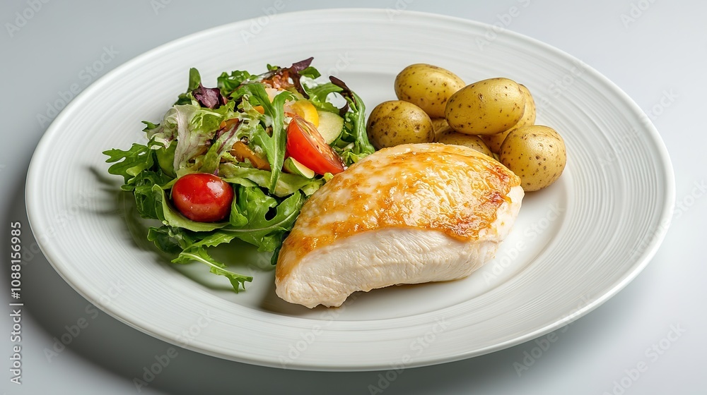 Food photography of a delicious chicken fillet served with a fresh salad and mini potatoes on a white plate Food photography of a delicious chicken fillet served with a fresh salad and mini potatoes on a white plate