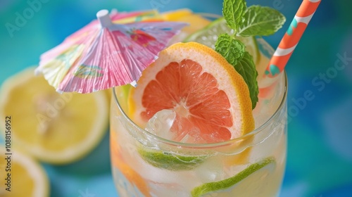 18.A chilled summer mocktail in a clear glass, filled with slices of citrus fruitsâ€”lemon, grapefruit, and limeâ€”floating in ice cubes. A colorful umbrella and straw add to the festive beach photo