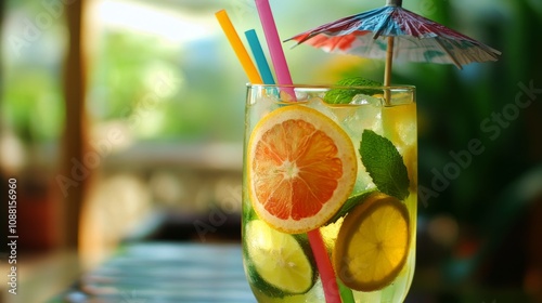 18.A chilled summer mocktail in a clear glass, filled with slices of citrus fruitsâ€”lemon, grapefruit, and limeâ€”floating in ice cubes. A colorful umbrella and straw add to the festive beach photo