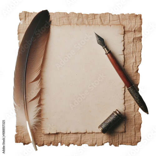 Aged parchment paper rests beside an ornate quill pen and antique inkwell, evoking a sense of old world letter writing and storytelling isolated PNG photo