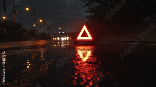 29.A dark, rain-soaked highway reflecting the bright red light of an emergency triangle set up on the roadside. The wet pavement gleams, creating a tense and hazardous scene, as the light bounces off