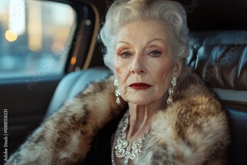 Rich old lady in luxurious limousine wearing fur coat and elegant jewelry during an evening out