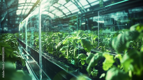 10.A high-tech greenhouse filled with various crops growing in a controlled environment. AI systems track temperature, humidity, and soil conditions, with digital displays showcasing real-time data