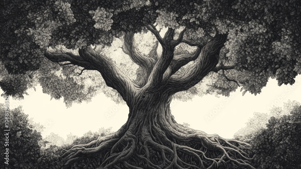 60.A highly detailed illustration of a majestic tree, with its branches extending far and wide, covered in dense, leafy foliage. The roots spread deep and far beneath the ground, intertwining with 60.A highly detailed illustration of a majestic tree, with its branches extending far and wide, covered in dense, leafy foliage. The roots spread deep and far beneath the ground, intertwining with