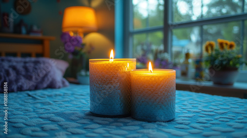 Cozy bedroom with two lit candles on blue bedspread, creating warm atmosphere. soft glow enhances serene ambiance, perfect for relaxation photo